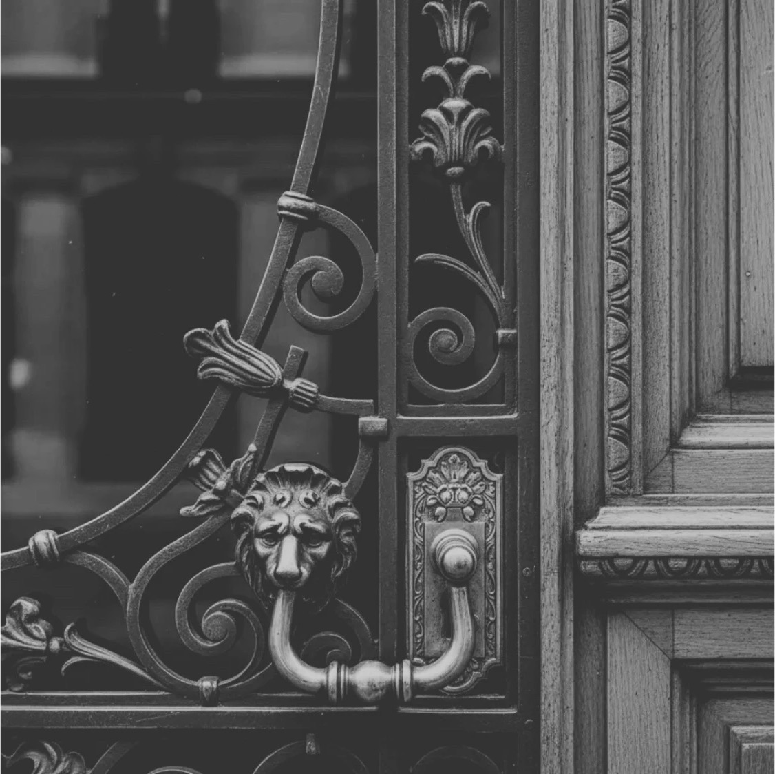 Détail de ferronnerie et heurtoir sur une porte d'immeuble parisien